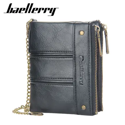 BAELLERRY Men's Short Wallet, Vertical Design, Double Zipper, Retro Coin Pocket - 3