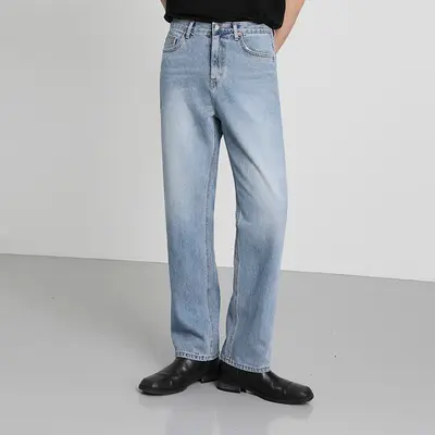 MYQ Men's Light Blue Loose Jeans, Korean-Style Straight Cut