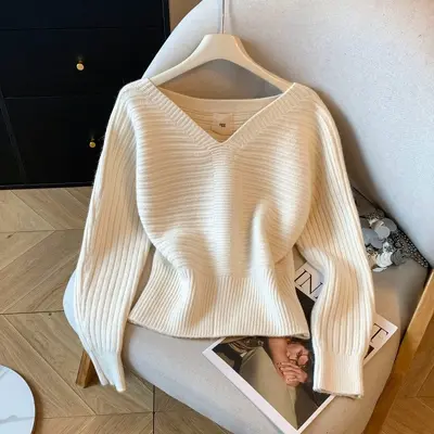 Damen-Strickpullover, einfarbig, V-Ausschnitt, Rippstrick, langärmlig, taillenbetont - 7