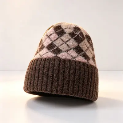 Koreanische karierte Jacquard-Strickmütze, winddicht, Damen - 8