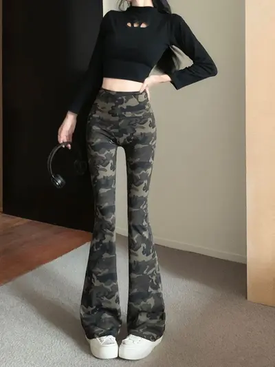Damen Camouflage-Mikro-Schlaghose, hochelastisch