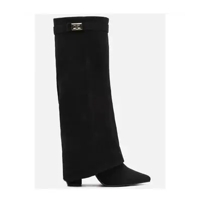 Women's Pointed Toe Tall Boots with Metal Buckle, Chunky Heel, Plus Size - 7