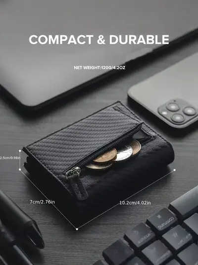 Karbon Fiber Desenli Üç Katlı Erkek Cüzdan, Fermuarlı Bozuk Para Bölmeli - 4
