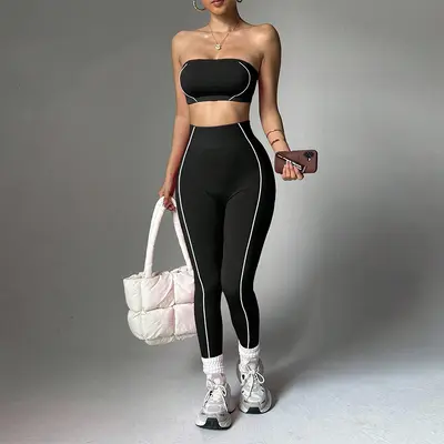 跨境TK爆款瑜伽服套装女撞色裹胸上衣蜜桃臀修身长裤健身运动服 - 7
