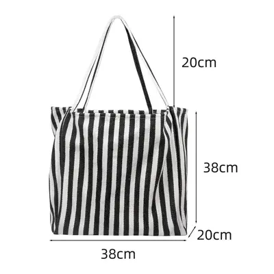 Women's striped canvas bag, single shoulder, large capacity canvas bag, simple and fresh style handbag, stylish and versatile. - 7