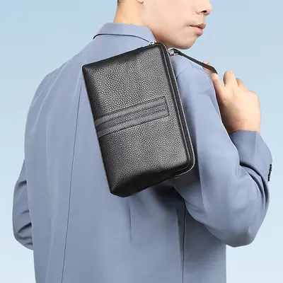 Men's Genuine Leather Clutch Bag, Large Capacity Envelope Bag, Top-Grain Cowhide - 4