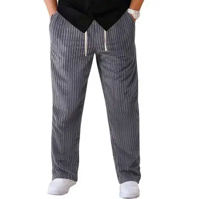 New Autumn Winter Fleece Gray Corduroy Casual Pants Retro Tapered Loose Straight-Leg Trousers