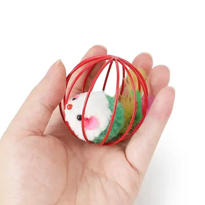 Cat Toy Mouse with Real Feather Tail, Wire Cage, Colored Lacquer - 4