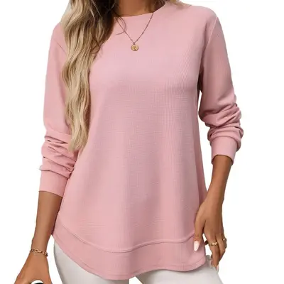 Damen-Waffel-Strick-Langarmshirt, locker geschnitten