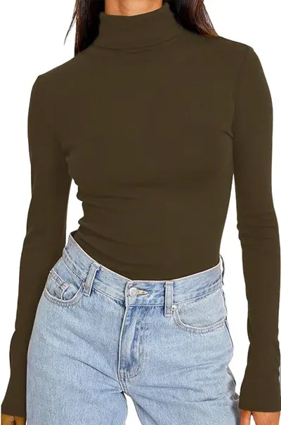 High Neck Long Sleeve Women's Base Layer Top, Solid Color Slim Fit - 12