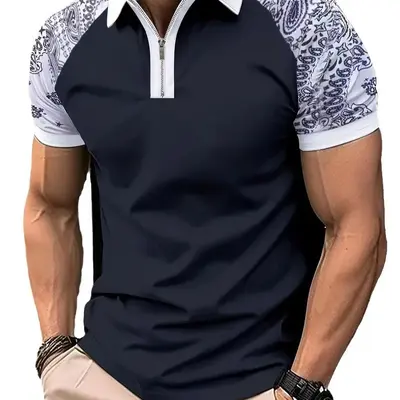 Men's 3D Gradient Print Zip Polo Shirt, Short Sleeve, Plus Size - 6