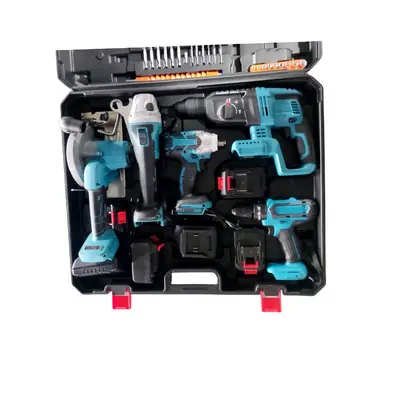 Lithium battery powered tool set, 5-piece, drill, impact wrench, grinder - 5