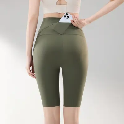 Kadın yoga şortu, yüksek bel, arka cepli, karın sıkılaştırıcı, 5 inç - 10