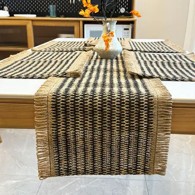 Jute Table Runner, Mixed Colour Woven Retro Table Cover, Decorative Long Towel with Tassel - 5