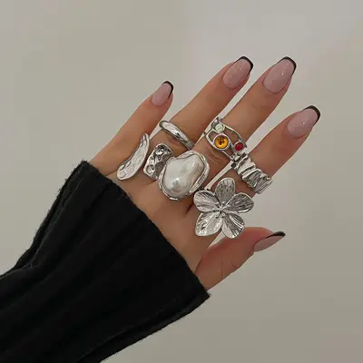European and American cross-border design liquid lava flower open ring ins baroque imitation pearl inlay gemstone ring - 8