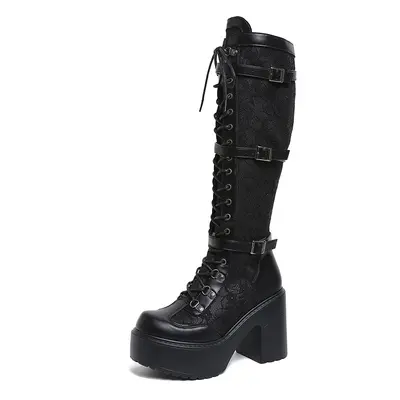 Damen-Overknee-Plateaustiefel, runde Spitze, wasserdicht, Riemenschnalle