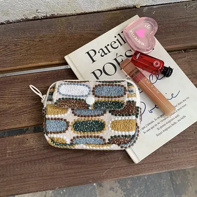 Card holder, coin purse and earphone storage bag, cotton-linen, embroidered - 6