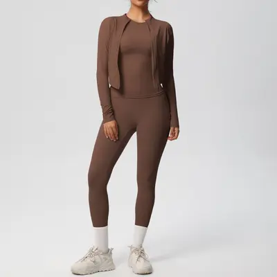 Brushed Women's Three-Piece Short-Sleeve Yoga Set, Breathable - 3