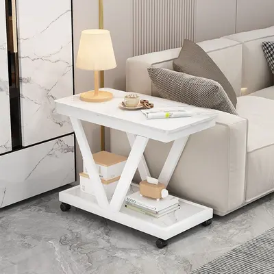 Rock Slab Sofa Side Table with Wheels, Movable Small Coffee Table - 7