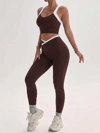 Women's Fitness Two-Piece Set, Crossover Tank Top and High-Waist Leggings