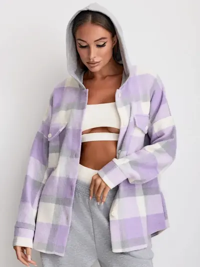 Women's Hooded Plaid Cardigan Jacket, Long Sleeve