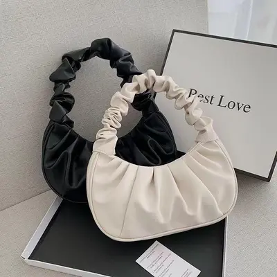 Korean-Style Women's Underarm Bag, Solid Color Pleated Cloud Design