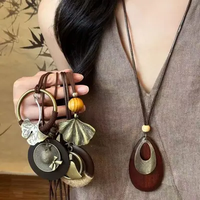 Chinese zen wooden pendant necklace long style