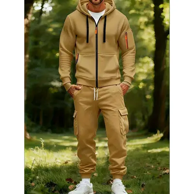 Cross-border New Style Workwear Hooded Sweatshirt Set for Men, Casual Versatile Sports Multi-Pocket Two-Piece Set with Drawstring Cuffs