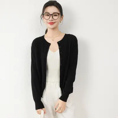 Leichte Strickjacke mit Rundhals, Mischgewebe, Damen-Herbst-Winter-Pullover - 8