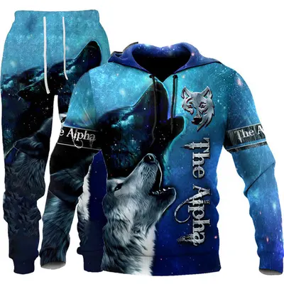 3D kurt baskılı kapüşonlu sweatshirt, erkek takım - 12