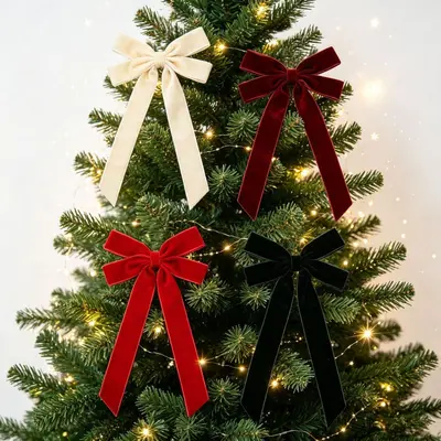Christmas Tree Bow Ornament with Velvet Ribbon for Hanging Decor - 3