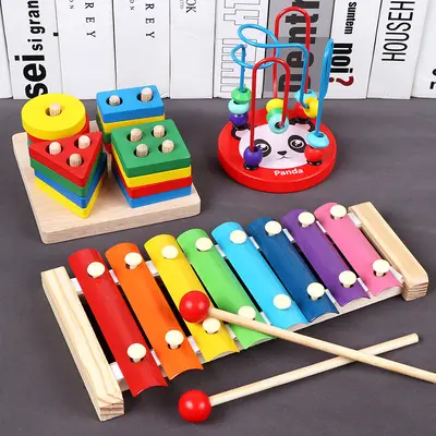 Holz-Lernspielzeug-Set mit Bausteinen, Xylophon, Perlenstecken - 2
