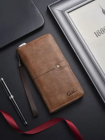 Men's Long Wallet and Retro PU Leather Clutch, Large Capacity - 8