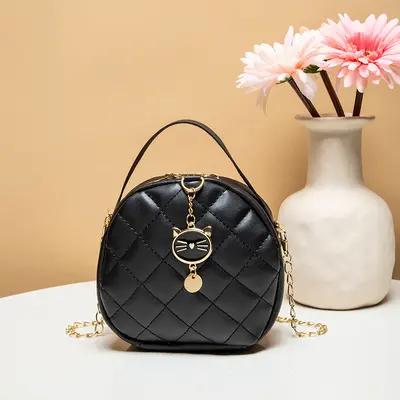 Diamond Quilted Mini Chain Women's Handbag, Small Round Bag - 8