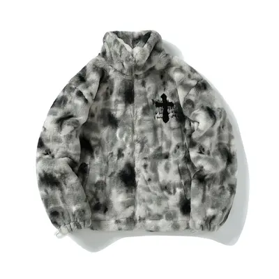 Amerikan Streetwear Batik Desenli Yapay Tavşan Kürklü Mont, Unisex