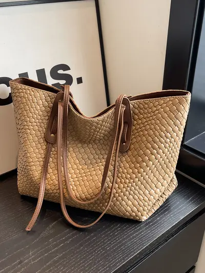 Kadın Örgü Tek Omuz Çanta, Büyük Hacimli Retro Tote Çanta - 1
