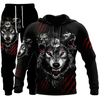 3D kurt baskılı kapüşonlu sweatshirt, erkek takım - 10