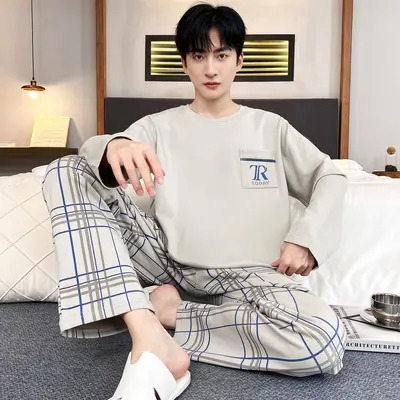 Men's Long-Sleeve Round-Neck Pajama Set for Spring and Autumn - 10
