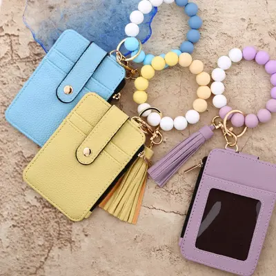 Folded Document and Card Holder Wallet, Solid Color Leather, Silicone Bracelet