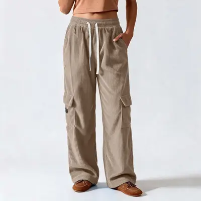 Kadın retro dikey çizgili kadife bol paça pantolon, günlük iş pantolonu - 9