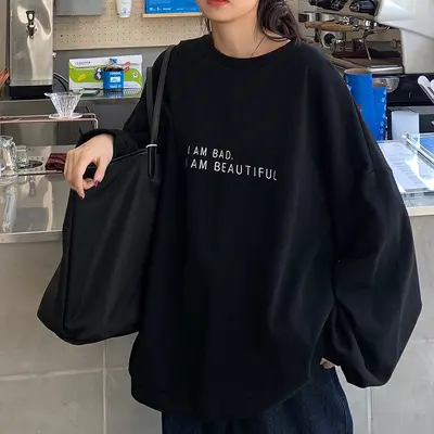 2025 yeni sonbahar Kore tarzı Hong Kong tarzı sade harf baskılı öğrenci üstü bol ince uzun kollu sweatshirt kadın dış ticaret - 7