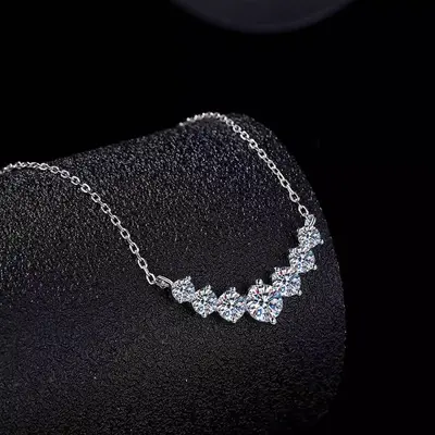 925 Silver Moissanite Necklace, Seven Princess Design, Clavicle Chain
