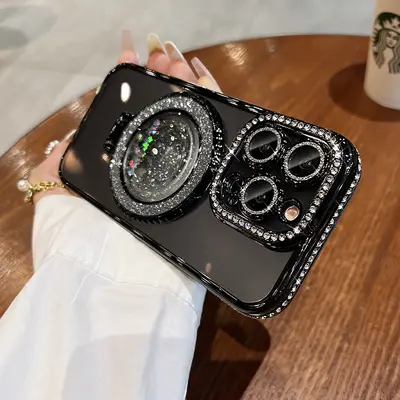 Transparent Soft iPhone 15 Case, Electroplated, Magnetic, Rhinestone Stand - 6