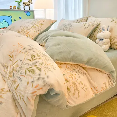 Grade A Milk Fleece Four-Piece Set Thickened Coral Fleece Double-Sided Flannel Quilted Duvet Cover Bed Sheet Fitted Sheet Three-Piece Bedding Set - 9