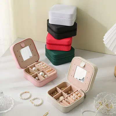 İnsanlar ulusal trend taşınabilir mücevher kutusu toptan ayna ile seyahat yüzük kolye küpe küpe takı saklama kutusu