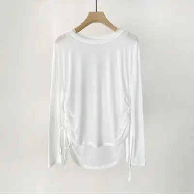 Tencel Ribbed Women's Long-Sleeve Yoga Running Top, Drawstring Loose Fit - 2