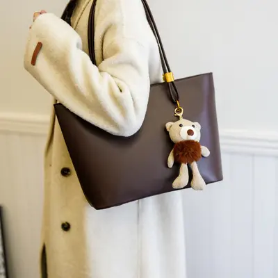 Large Retro Tote Bag, PU Leather, Solid Color - 4