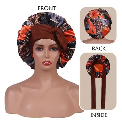 Printed Elastic Satin Bonnet with Bow, Double-Layer Reversible