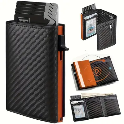 Karbon Fiber Desenli Üç Katlı Erkek Cüzdan, Fermuarlı Bozuk Para Bölmeli - 7