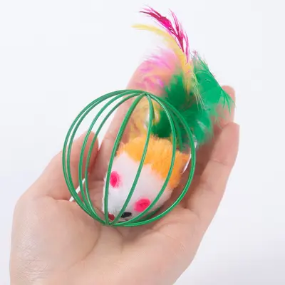 笼中鼠逗猫玩具彩色羽毛尾巴老鼠宠物玩具球用品猫咪玩具批发